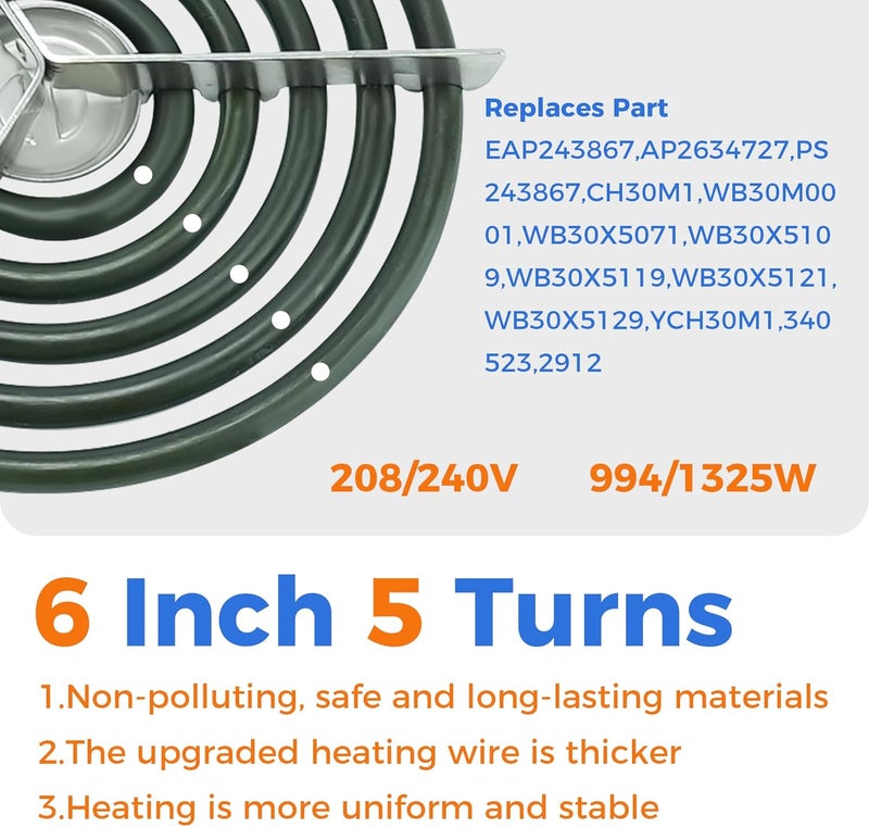 Romalon Upgraded WB30M1 Electric Stove Burner ERS30M1 Replacement for 6 Inch 5 Turns 240V Surface Element with Silver Center Medallion fit for GE Hot-point Ken-more Range Stove by - Image 5